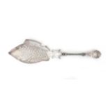 A pierced 835 silver fish slice depicting a fish, with leave finial, maker's mark: J.M. van