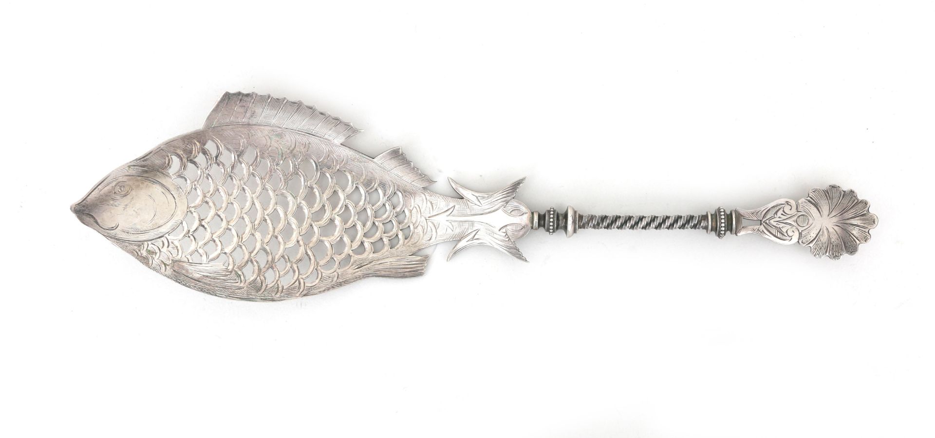A pierced 835 silver fish slice depicting a fish, with leave finial, maker's mark: J.M. van