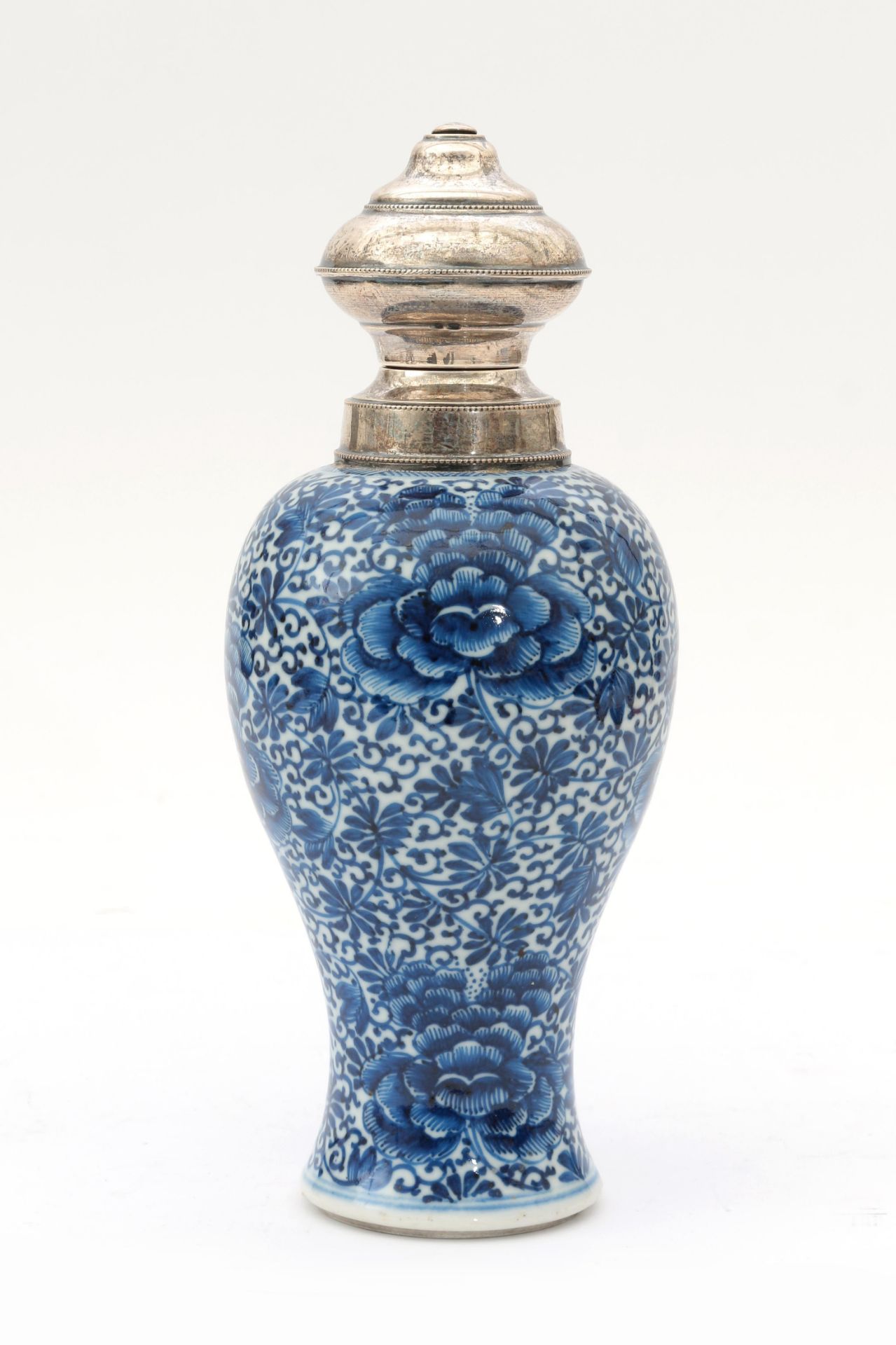 A 835 silver mounted baluster Chinese porcelain vase with foliate decoration, double circle mark,