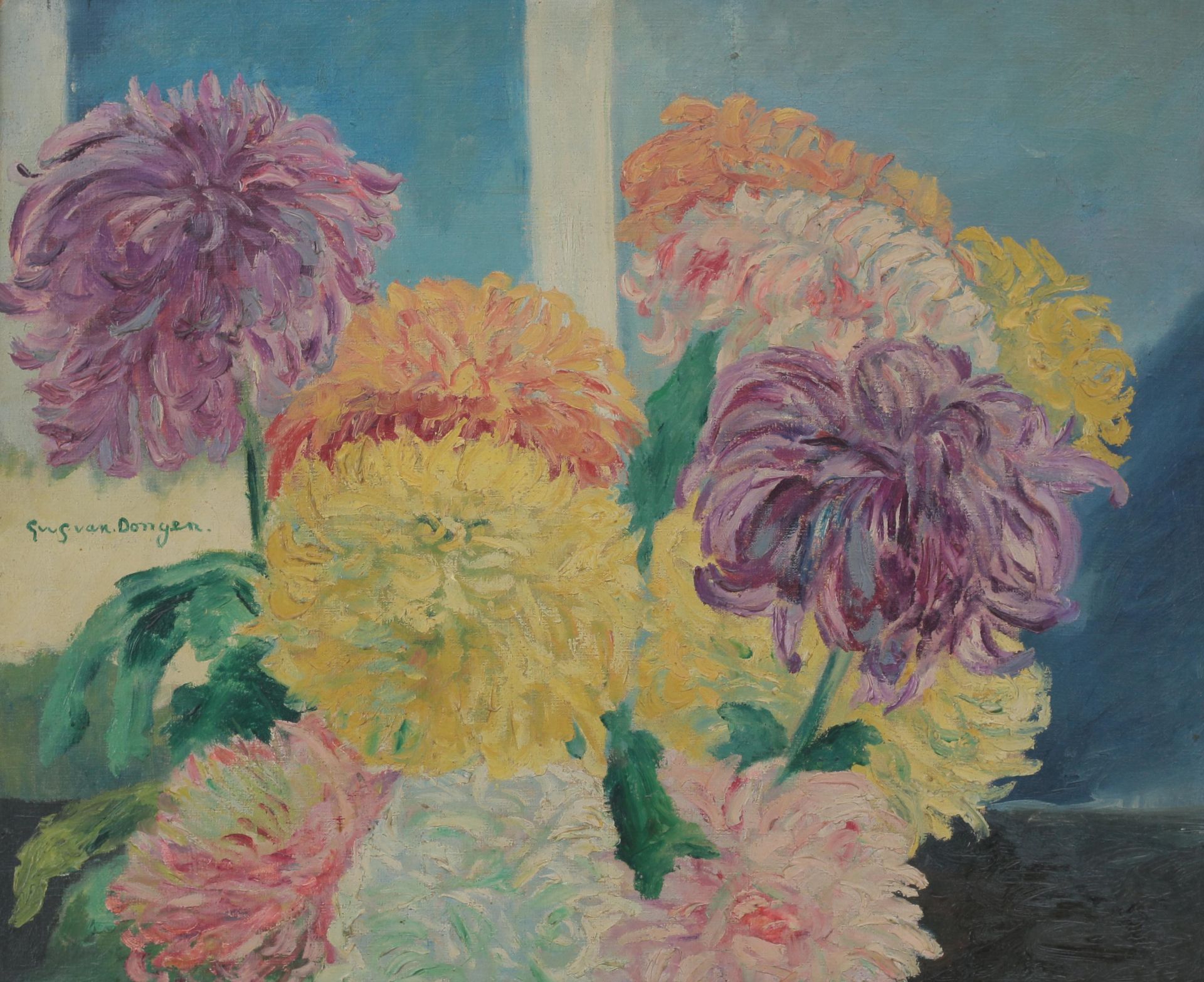 Guus van Dongen (1878-1946) Still life with chrysanthemums. Signed centre left. Olieverf op doek