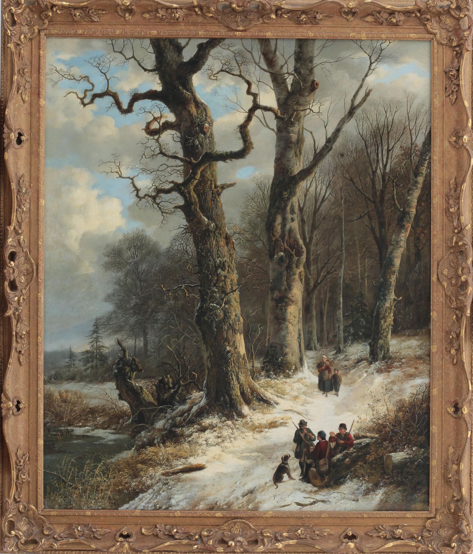 Remigius Adrianus van Haanen (1812-1894) Winter landscape with travellers at rest in the woods. - Bild 2 aus 4