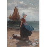 Edmond Louyot (1860-1920) Girl at the beach of Katwijk with the catch of the day at her feet. Signed