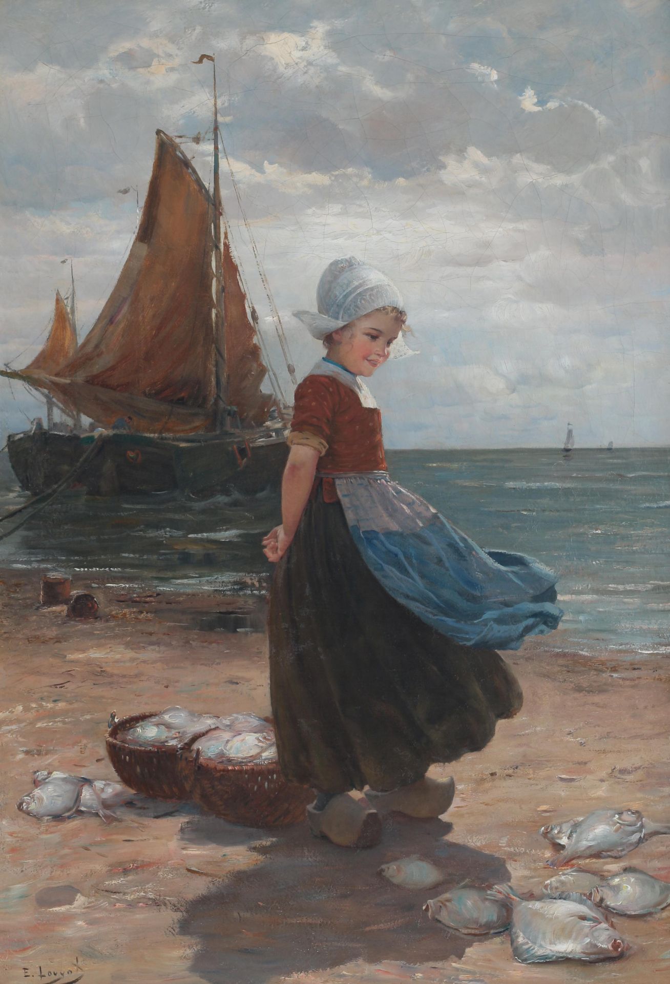 Edmond Louyot (1860-1920) Girl at the beach of Katwijk with the catch of the day at her feet. Signed