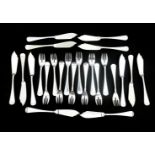 Twelve 835 silver fish knives and forks with reeded rims, maker's mark: B.H. Driessen, Schoonhoven,