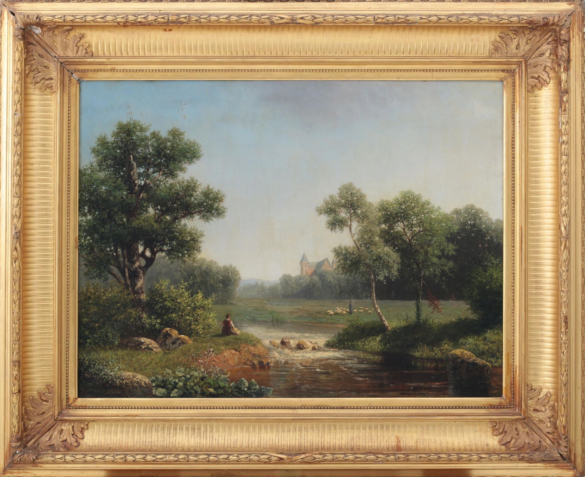 Gerrit Westendorp (1821-1877) Landscape with a seated lady and a shepherd with his flock by a river. - Image 2 of 4