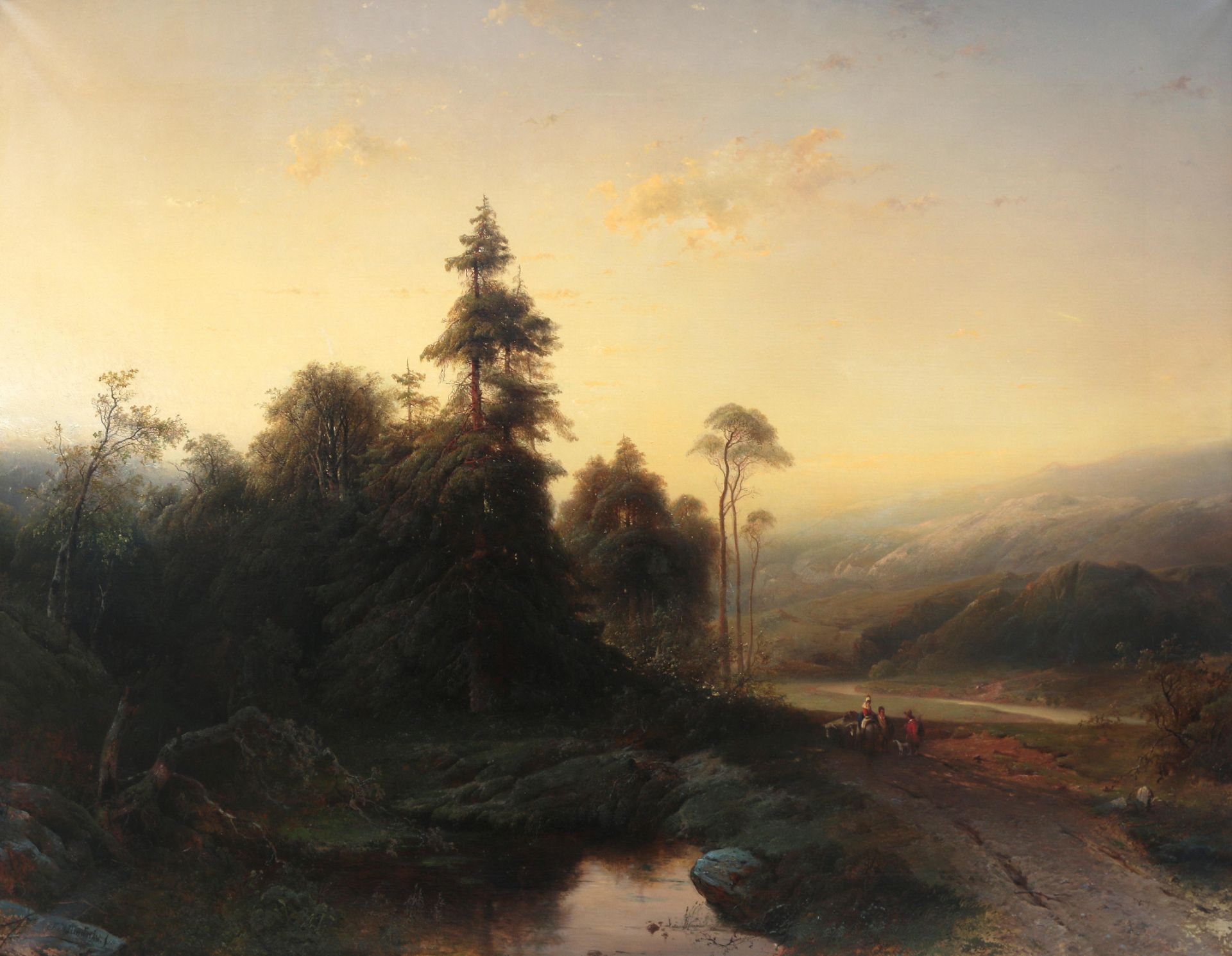 Frederik Hendrik Hendriks (1808-1865) Evening glow over a Romantic landscape with travellers on a