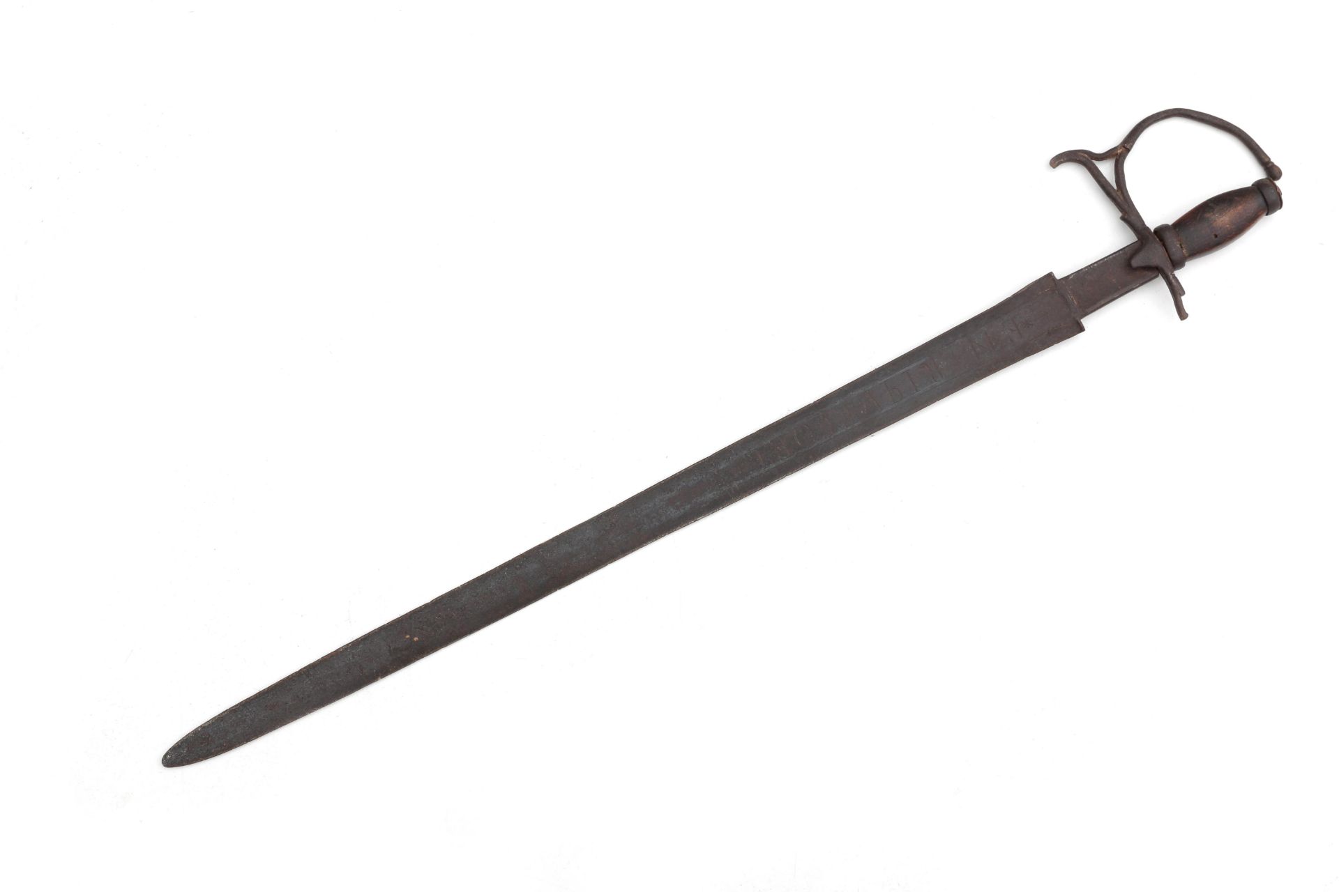 A rapier with iron and brass mounted wooden handle, double edged blade 'ENRIQUE COEL EN