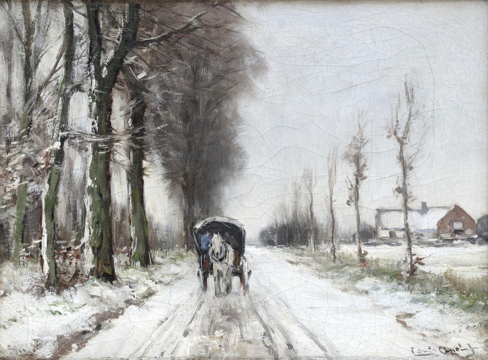 Louis Apol (1850-1936) Woodtansport on a country road in the snow, signed l.r. Labelled: Mw.