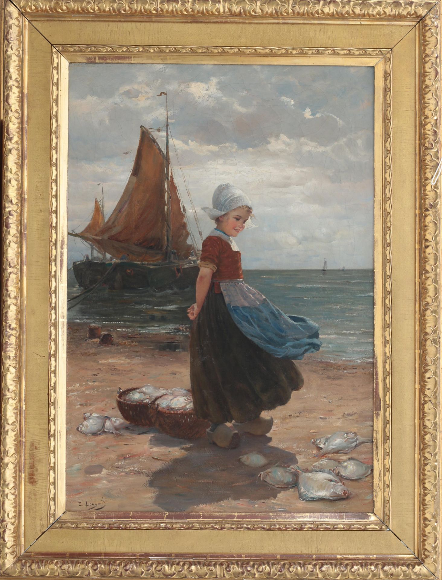 Edmond Louyot (1860-1920) Girl at the beach of Katwijk with the catch of the day at her feet. Signed - Bild 2 aus 4