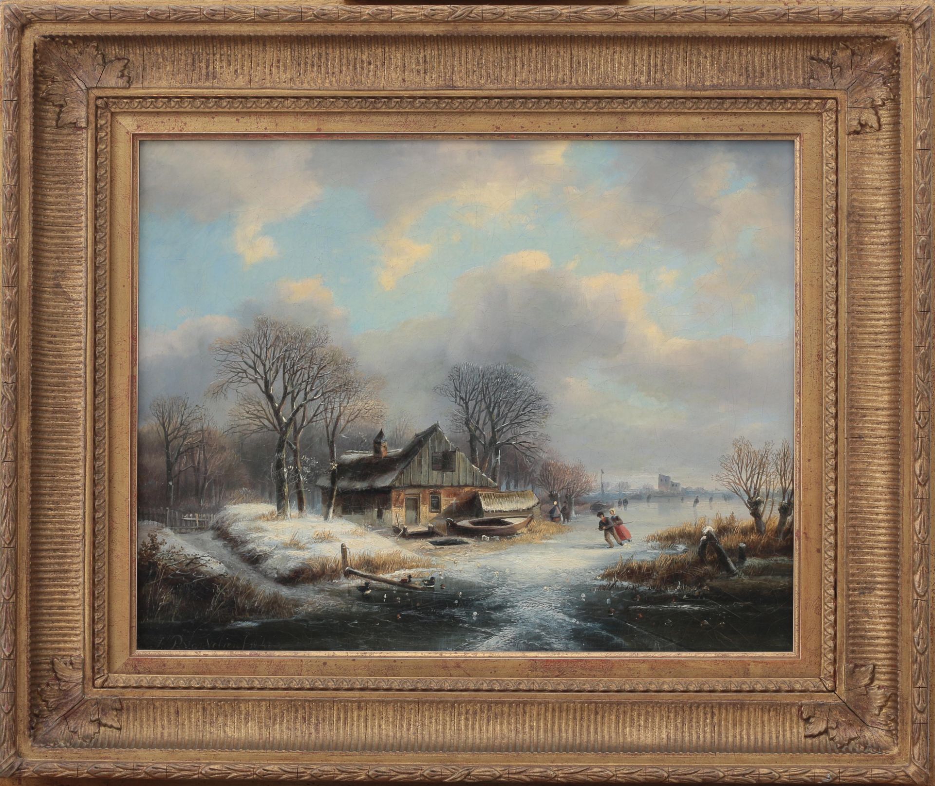 Johannes Petrus van Velzen (1816-1853) Winter landscape with ice skating figures on a frozen - Bild 2 aus 4