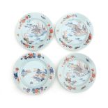 Four Chinese porcelain Imari dishes with landscape and flower decoration, Qianlong period. Defects