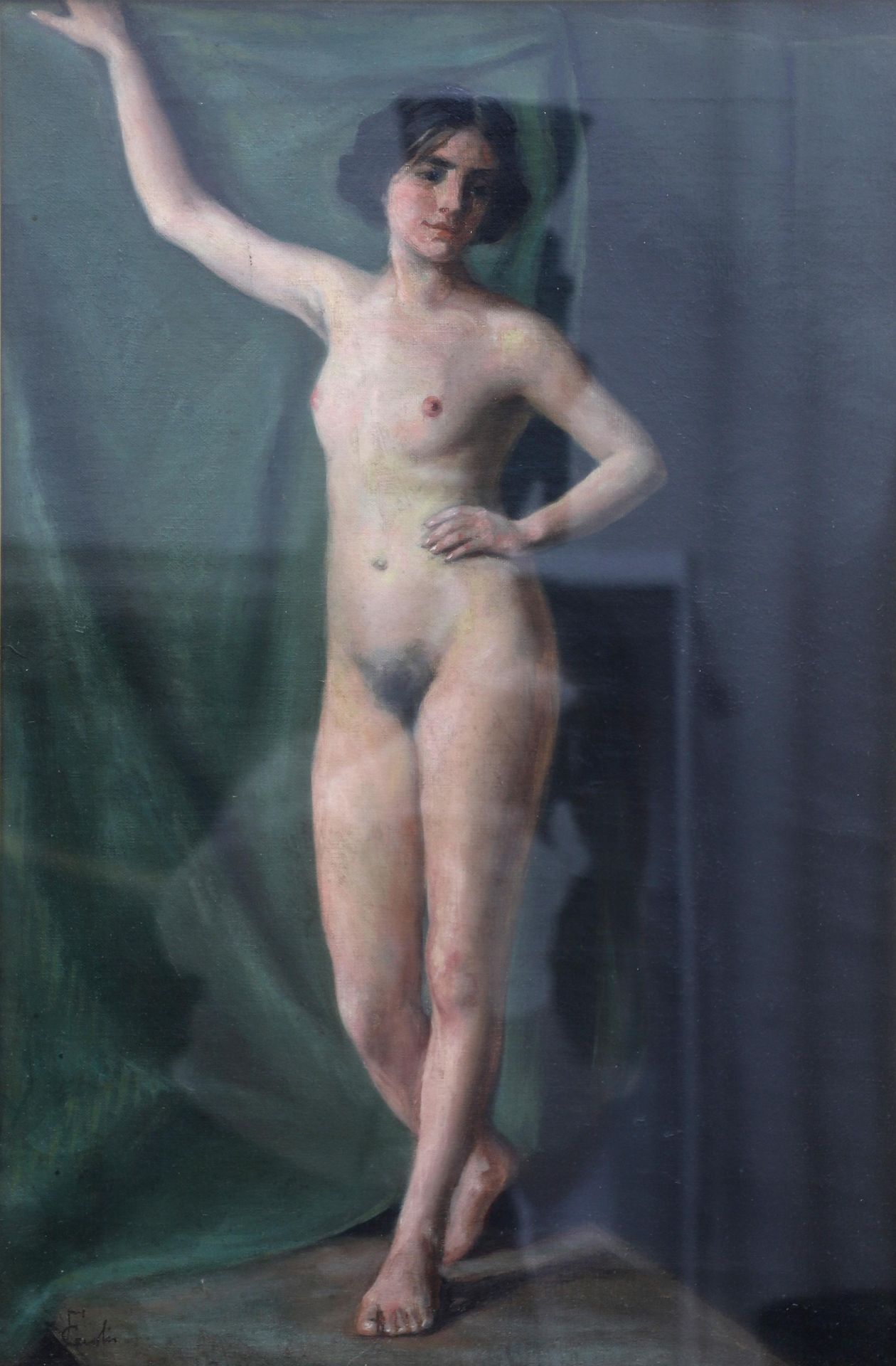 Roemeense School, 20e eeuw. Posing female nude, 1950's. Backside with stamps "Muzeul National