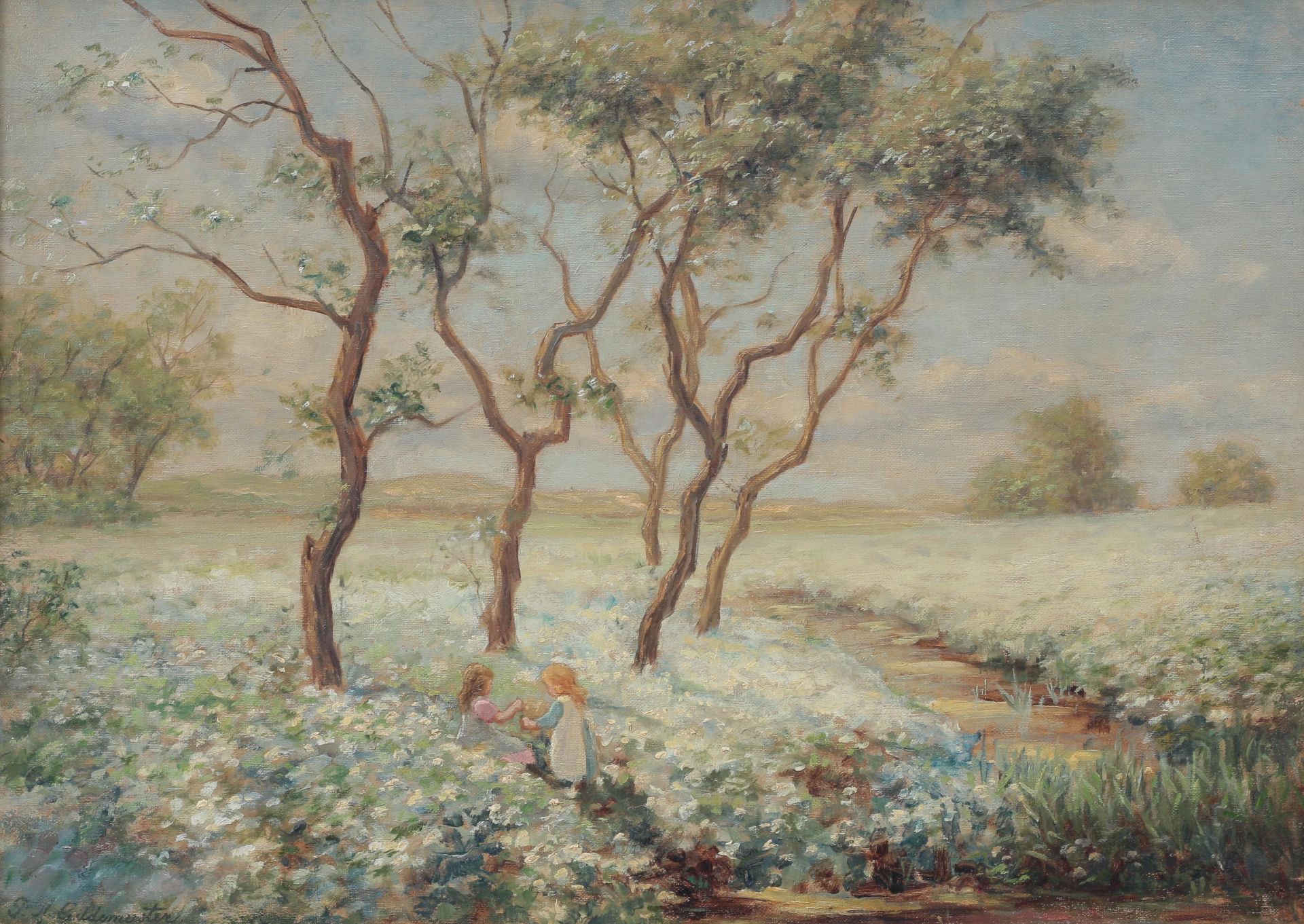 Paulus Adriaan Gildemeester (1858-1930) Two girls in a field of flowers. Signed lower left. Olieverf