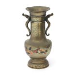 A Japanese bronze vase with relief and inlay decoration of birds and flowers, Meiji period. Signs