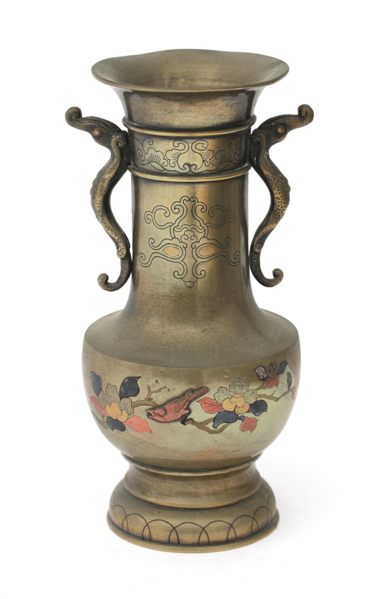 A Japanese bronze vase with relief and inlay decoration of birds and flowers, Meiji period. Signs