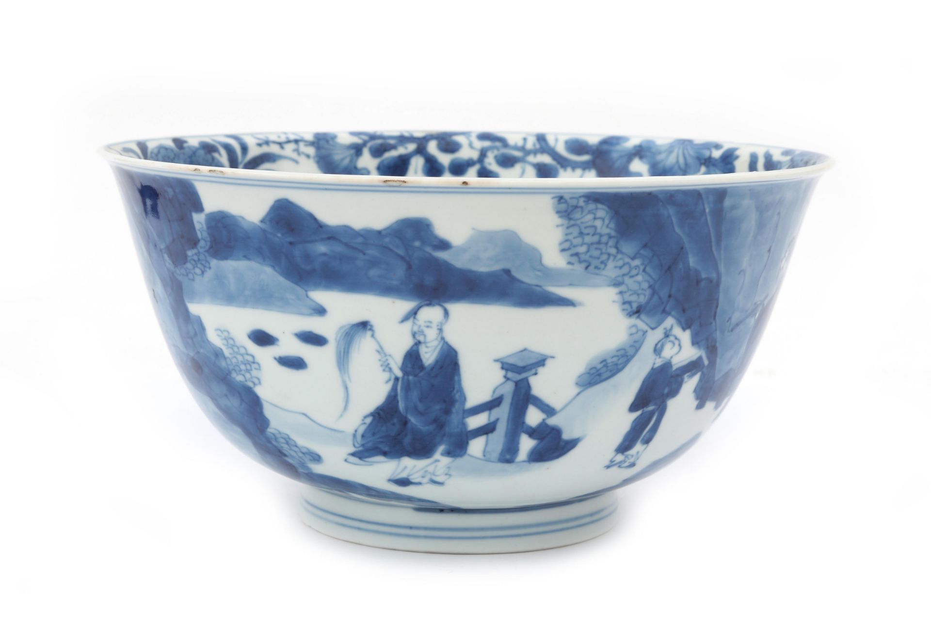 A Chinese blue and white porcelaine bowl decorated with scholars in a garden, marked with a six- - Image 2 of 4
