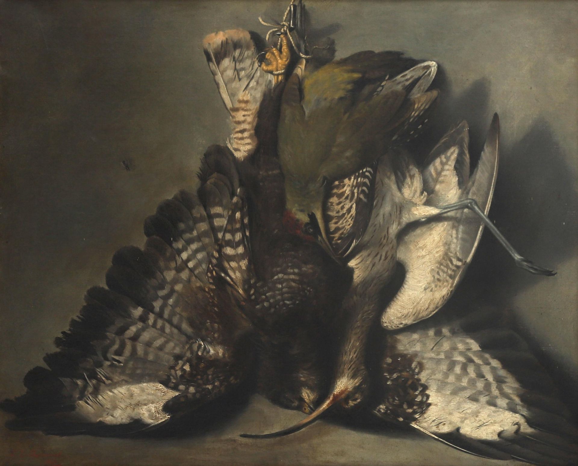 Louis Emile Bertrand (1815 - 1897) A hunting still life of a hawk, snipe and woodpecker, signed