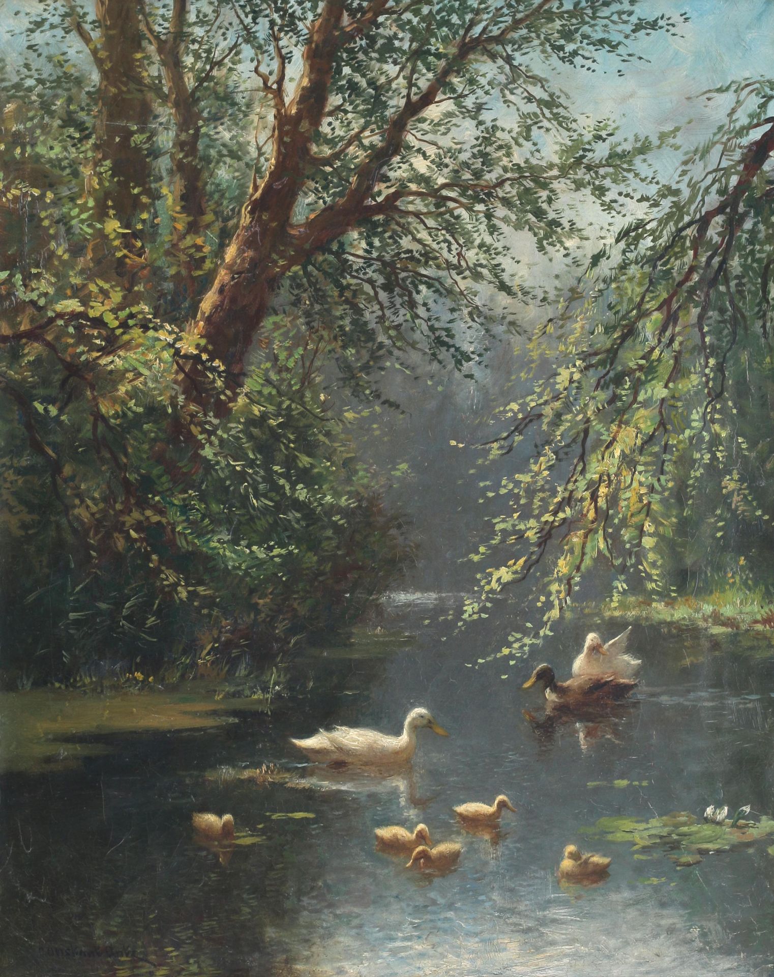 Constant Artz (1870-1951) Mother duck with five ducklings and another pair of ducks in a pond.