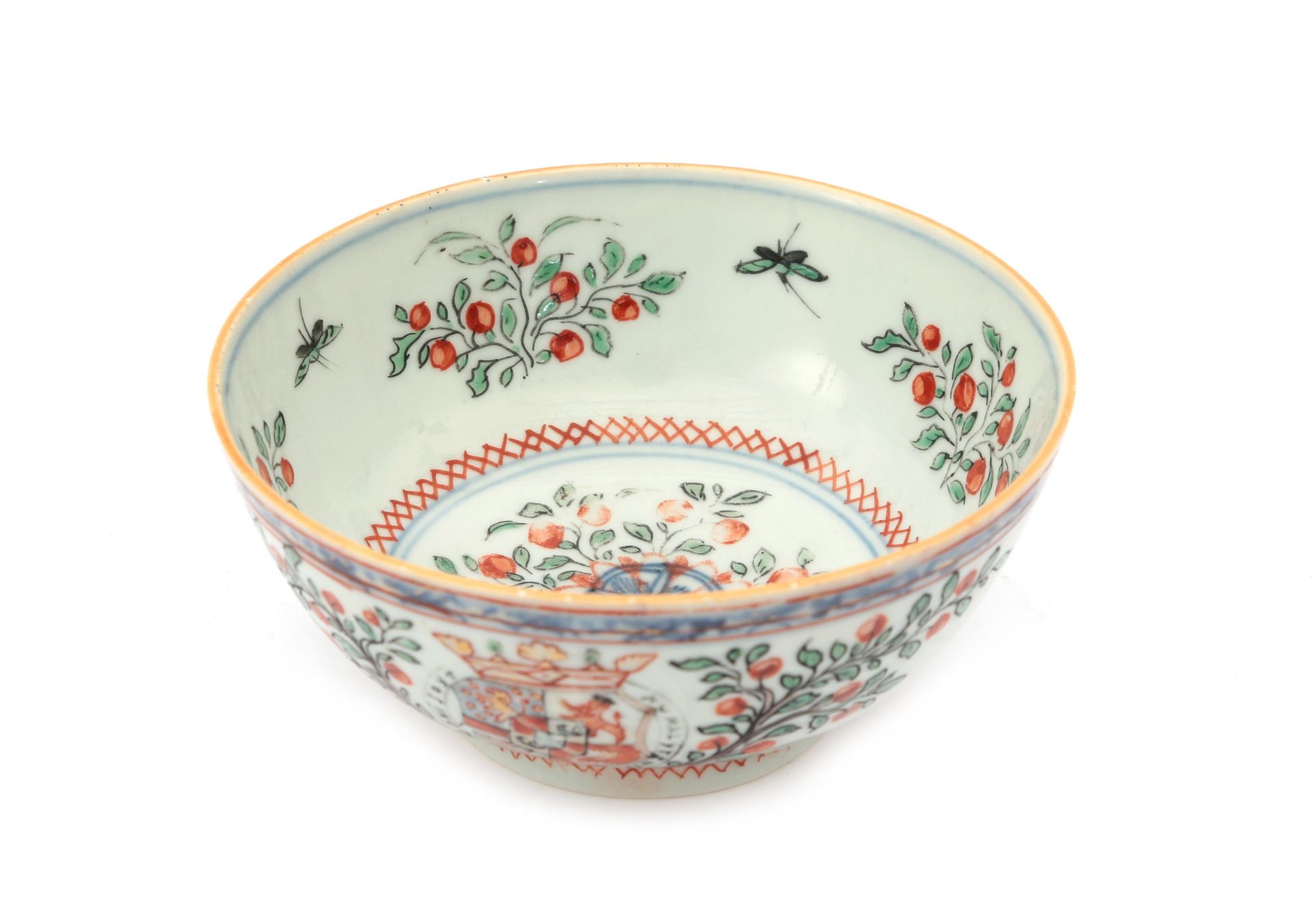 A porcelain 'Amsterdams bont' bowl, decorated with orange branches and the British coat of arms, '