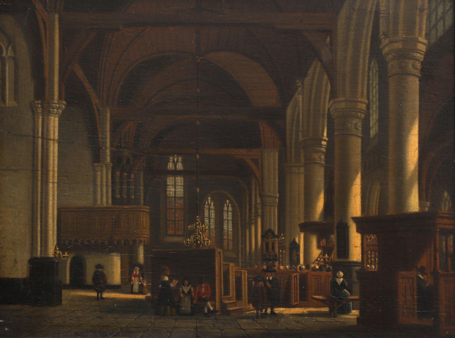 Antoni Hoeting (1827-1867) The interior of the Old Church in Amsterdam, label verso. Olieverf op