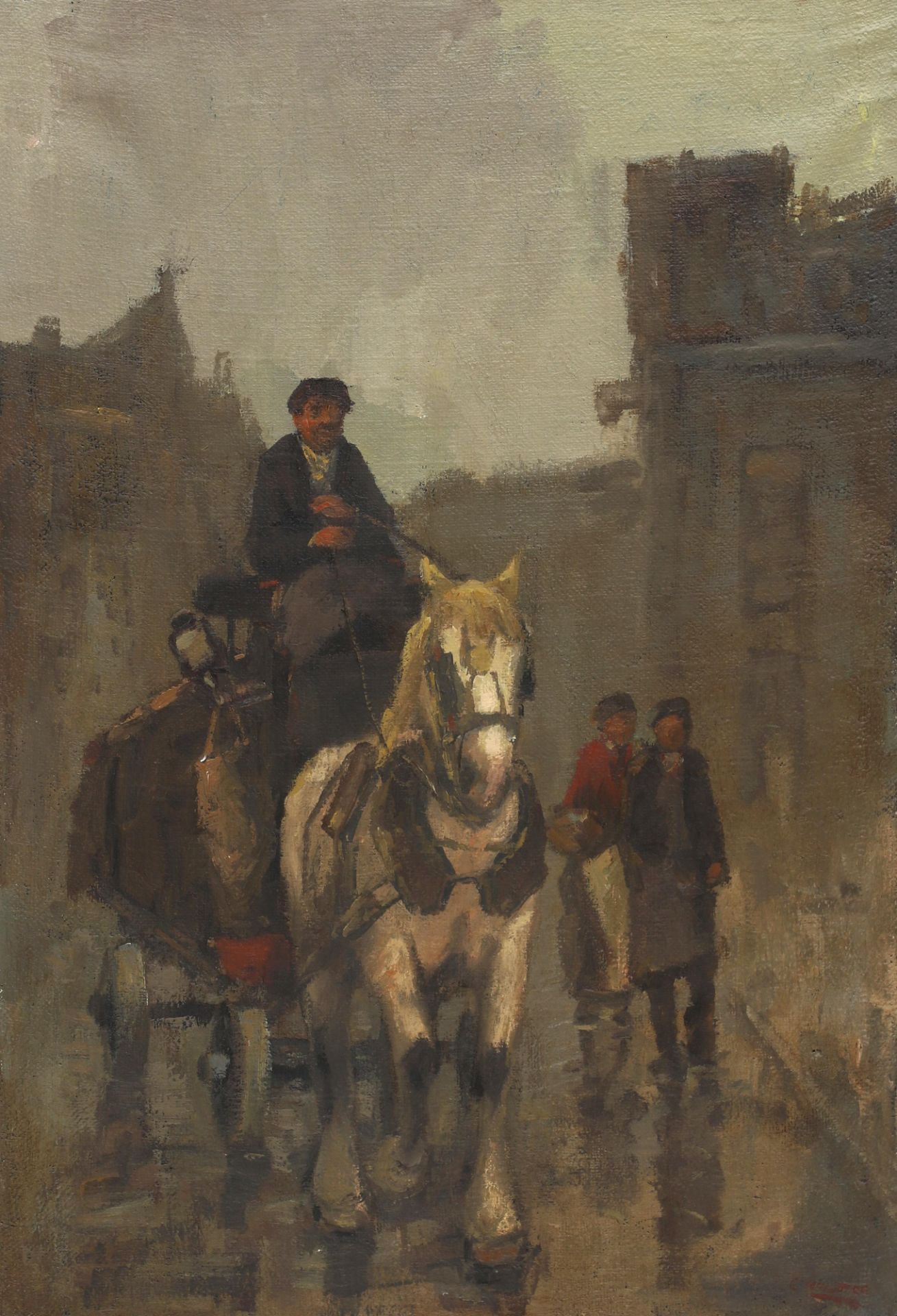 Cor Noltee (1903-1967) A scene with a passing man with a horse and carriage. Signed b.r. Olieverf op
