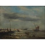 Hollandse School Fishermen working in wild ocean waters. Oil on wood signed bottom right. Olieverf