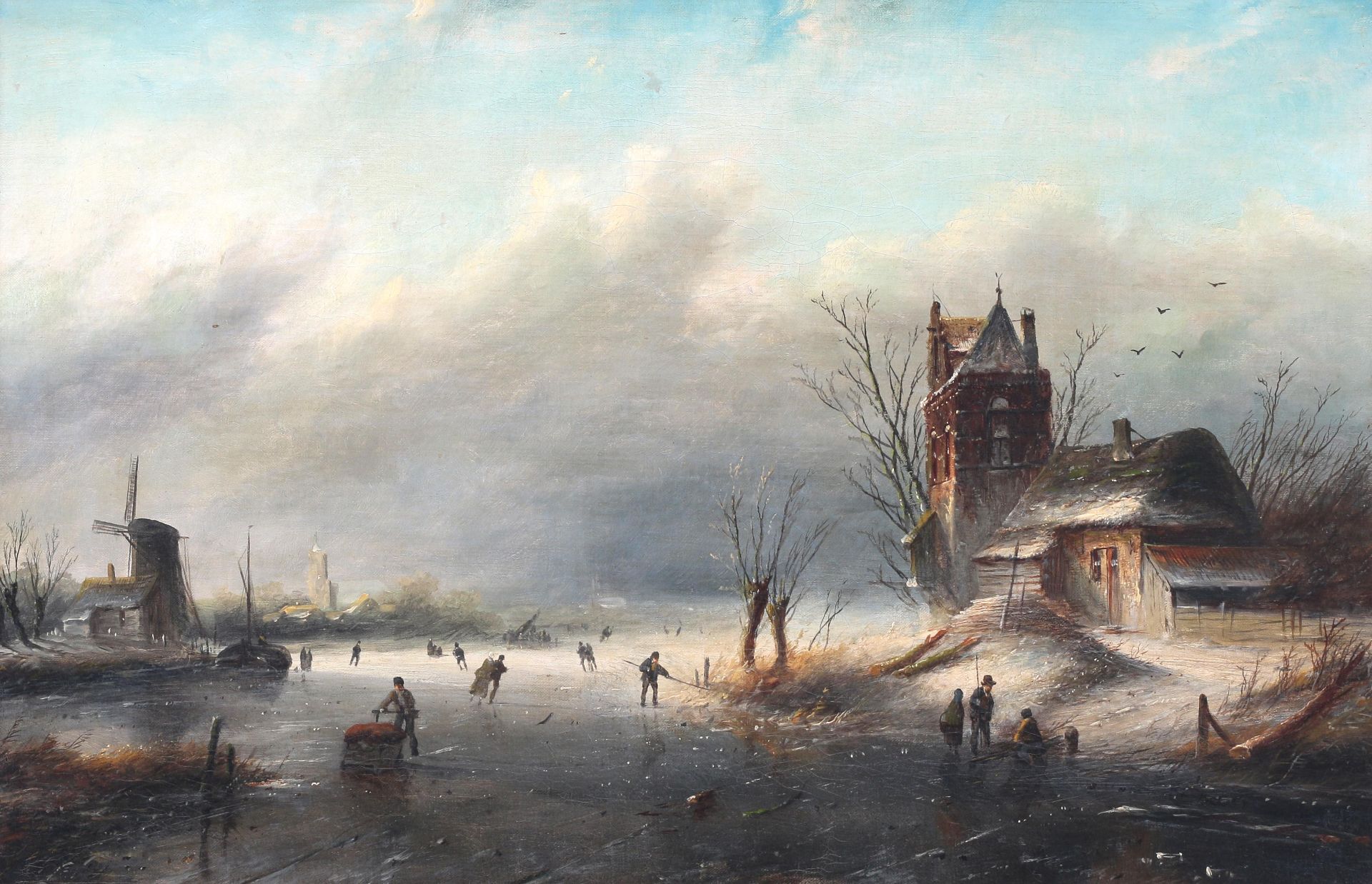 Jan Jacob Coenraad Spohler (1837-1894) A frozen river with figures on the ice, a small church on the