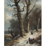 Remigius Adrianus van Haanen (1812-1894) Winter landscape with travellers at rest in the woods.