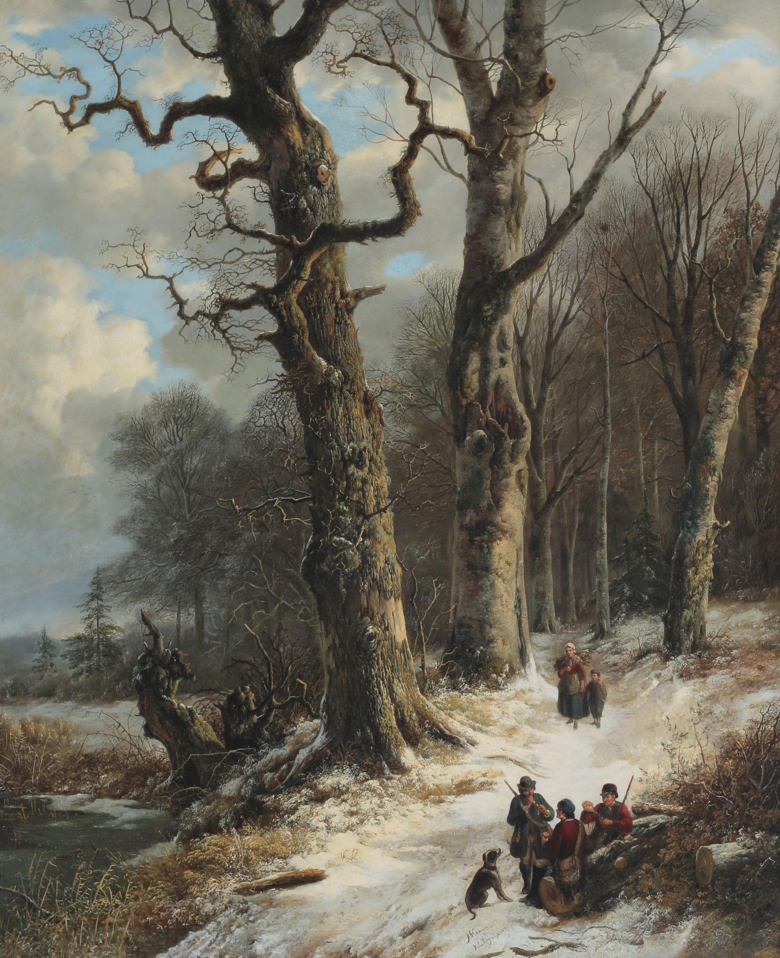 Remigius Adrianus van Haanen (1812-1894) Winter landscape with travellers at rest in the woods.