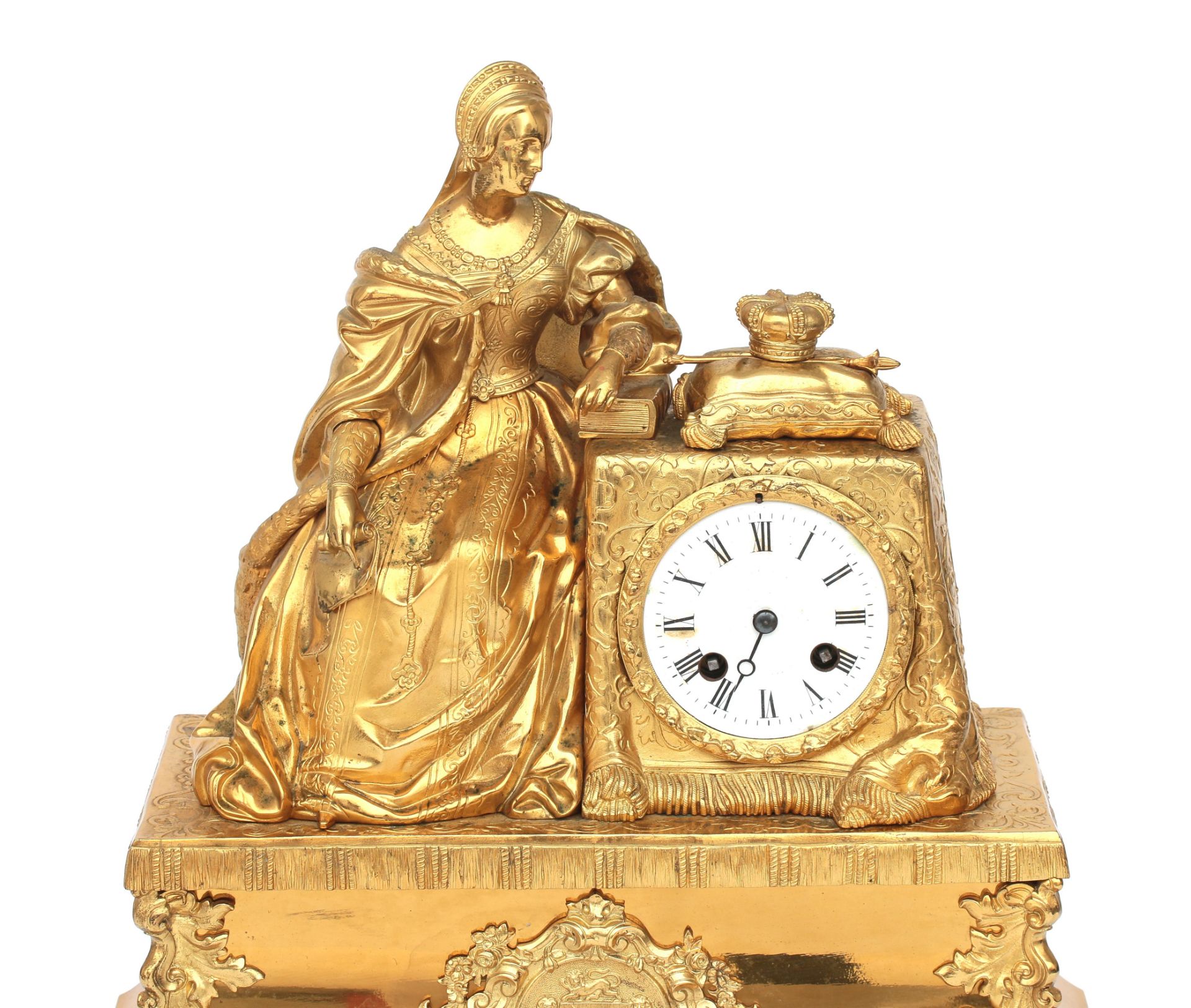 Newly gilt, de case crowned with a lady seated with regalia (crown damaged), de dial face with - Bild 4 aus 5