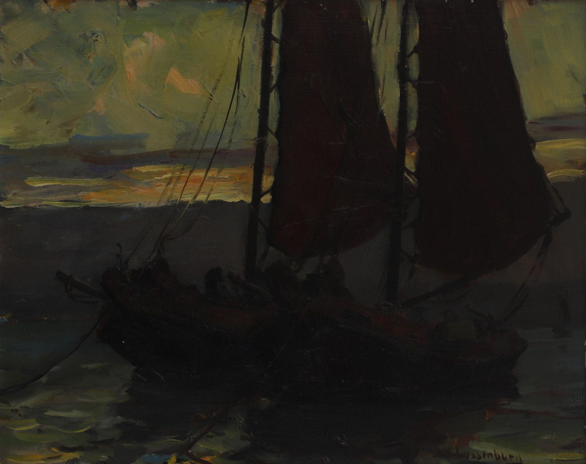 Jos Lussenburg (1885-1975) A scene with docked fishingboats. Signed bottom right. Olieverf op doek