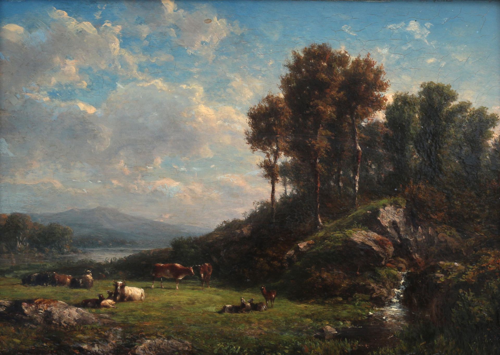 Willem Jan van den Berghe (1823-1901) Landscape with cattle by a waterfall and a view on a