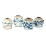 Four Chinese porcelain ginger jars with blue white decoration of landscapes and figures, 19th