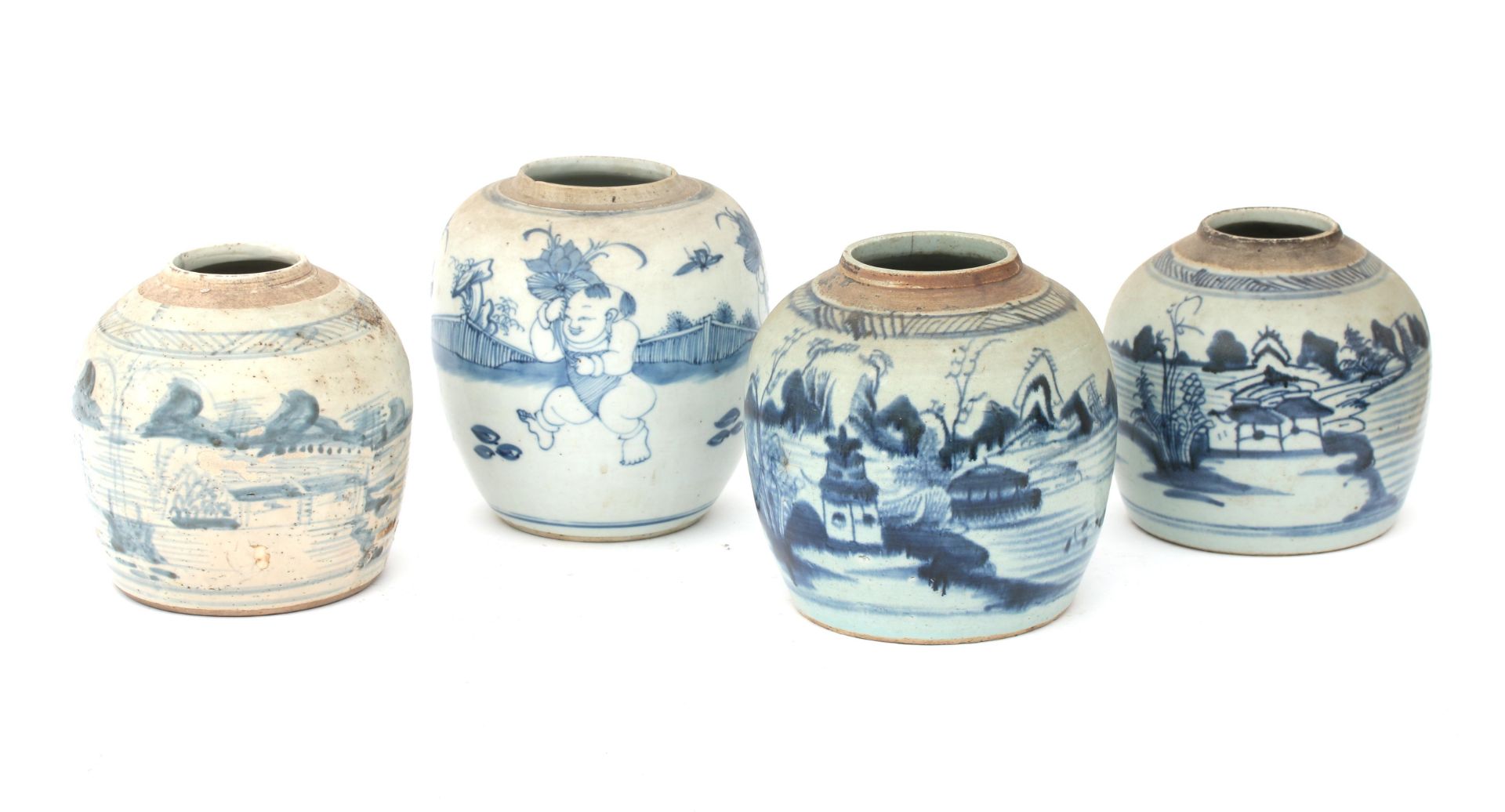 Four Chinese porcelain ginger jars with blue white decoration of landscapes and figures, 19th