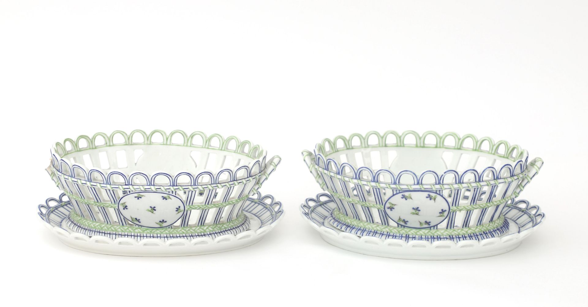 Two porcelain oval baskets (nut baskets) with stand, Niderviller (Germany: Niederweiler), Lorraine,