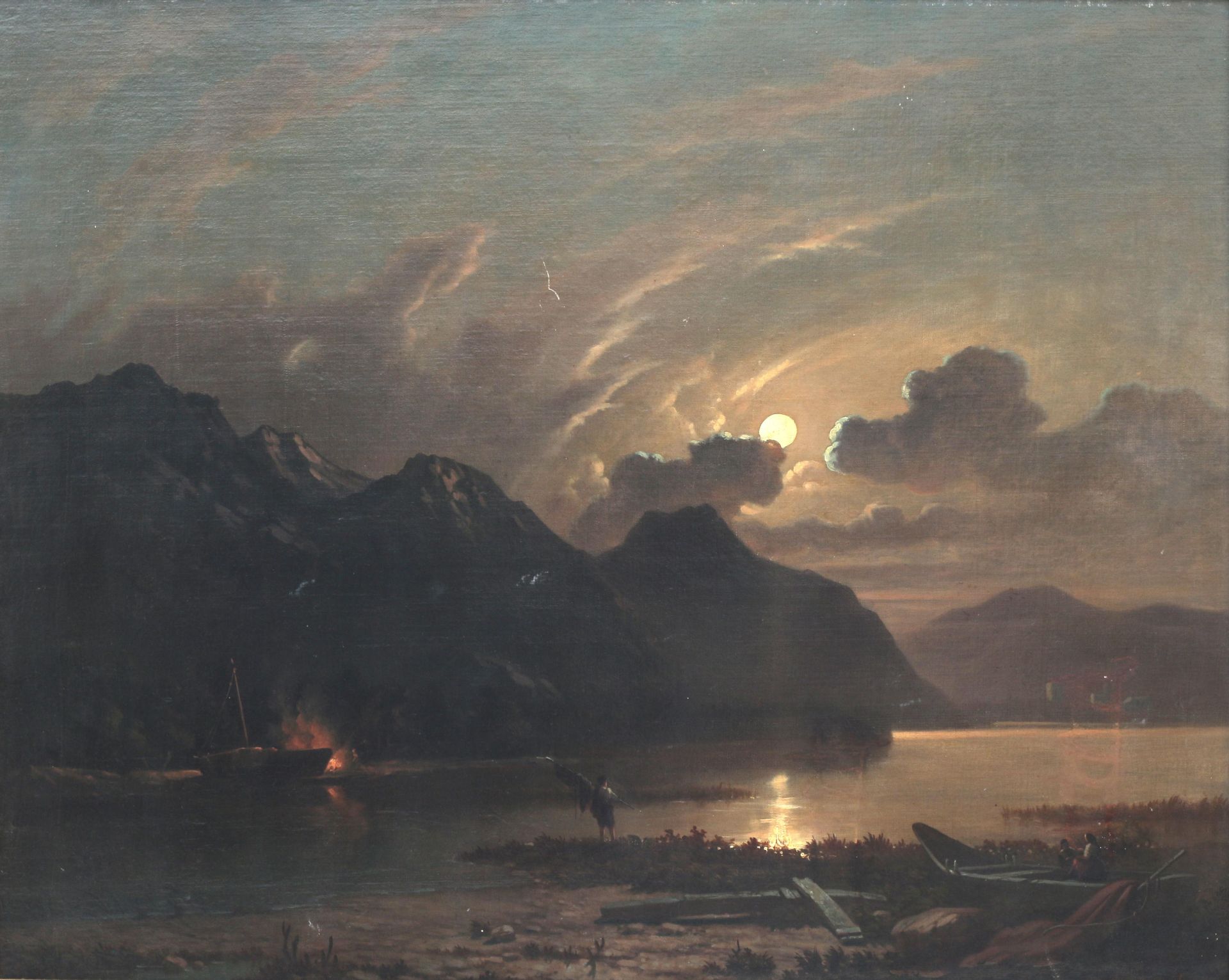 Guillaume van Bomberghen (1807-1882) Mounainous landscape with figures by a lake in the moonlight.