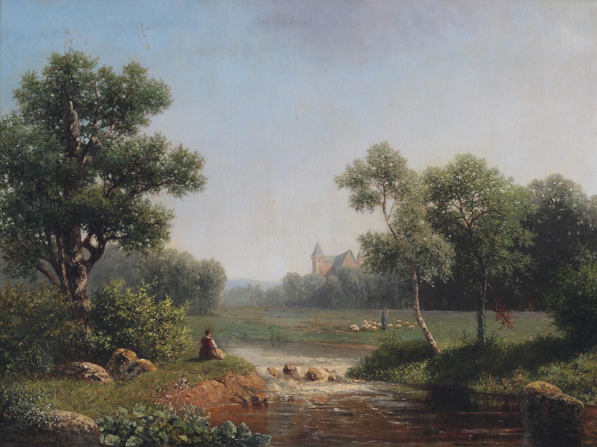 Gerrit Westendorp (1821-1877) Landscape with a seated lady and a shepherd with his flock by a river.
