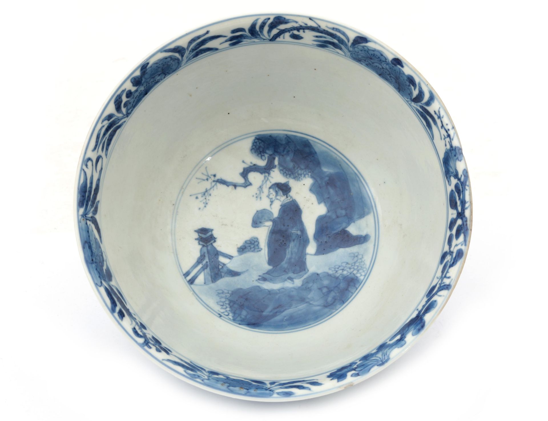 A Chinese blue and white porcelaine bowl decorated with scholars in a garden, marked with a six- - Image 3 of 4