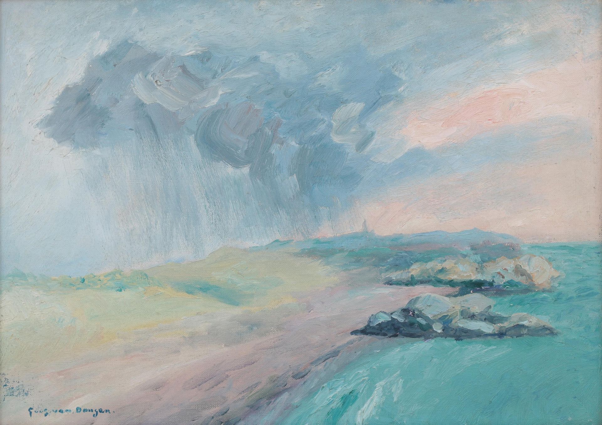 Guus van Dongen (1878-1946) Coastal view with a storm passing over. Signed lower left. Olieverf op