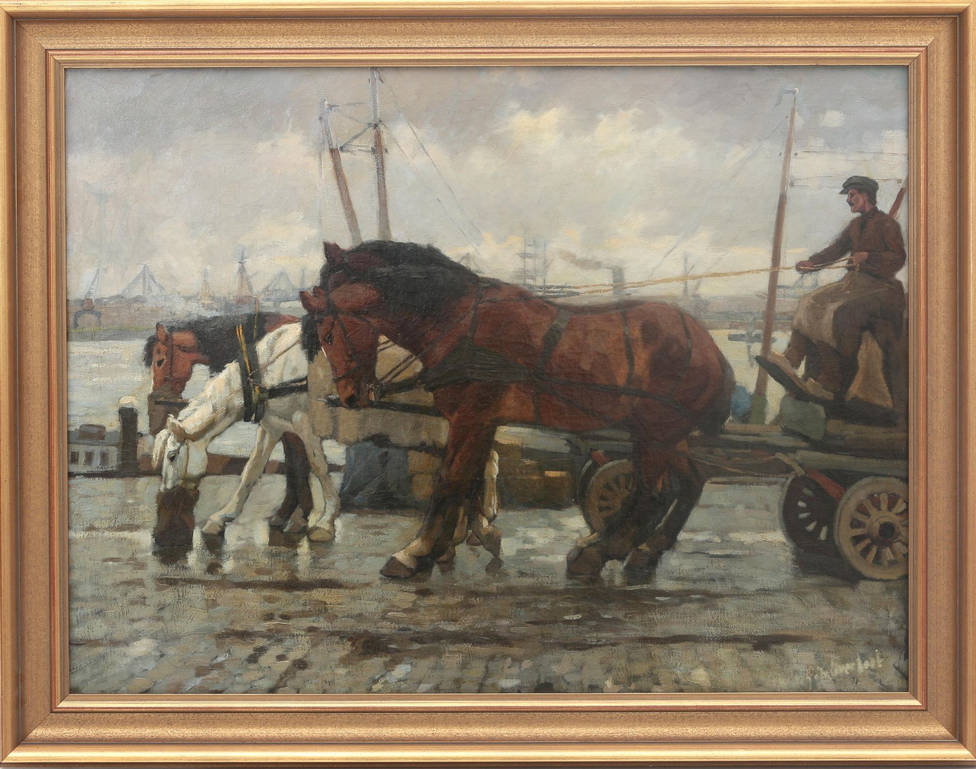 G J Overbeek (1882-1947) Horses pulling a cart in Rotterdam, signed l.r. marouflé. Olieverf op - Bild 2 aus 5