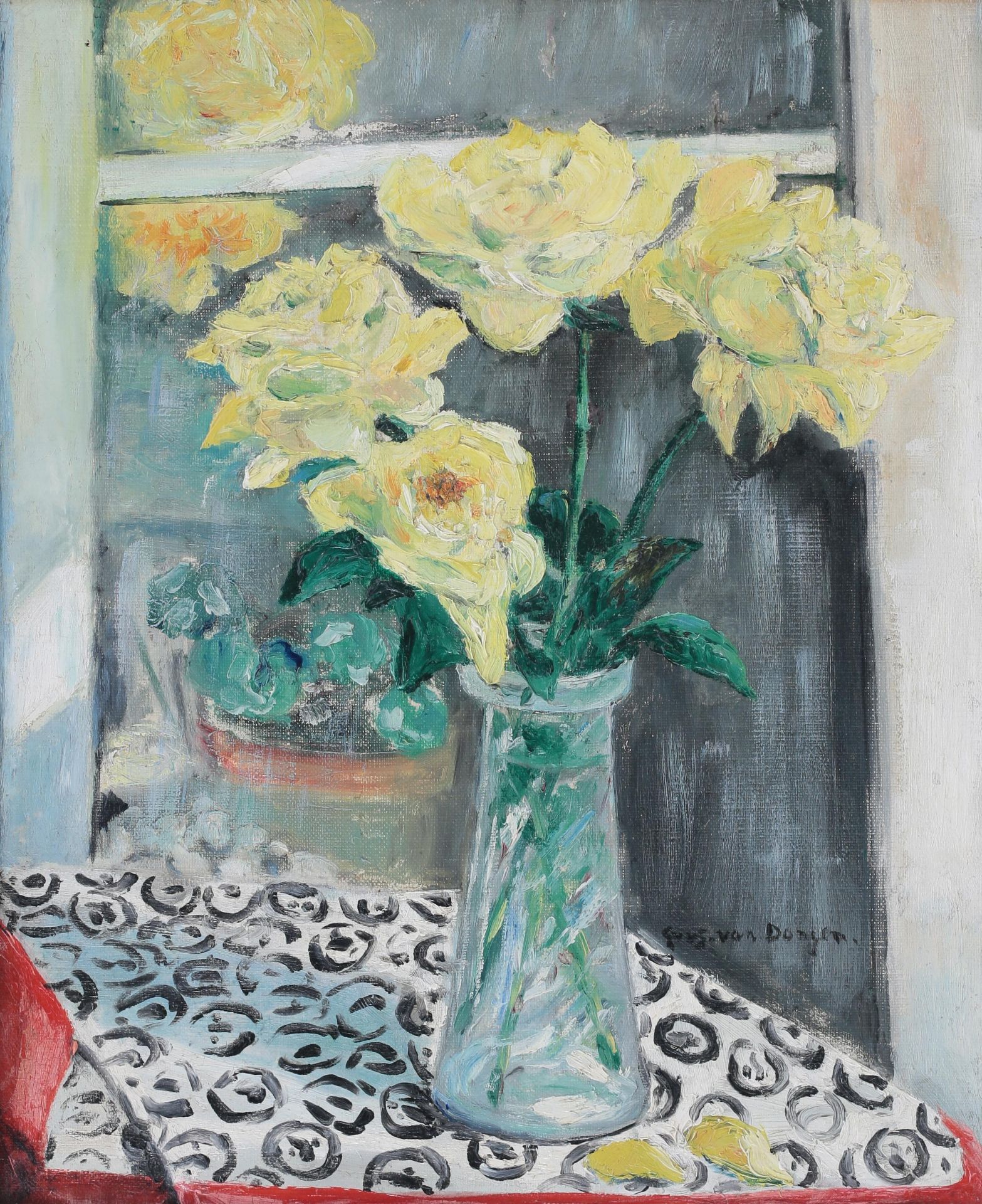 Guus van Dongen (1878-1946) Yellow roses by the window. Signed centre right. Olieverf op doek 46 x