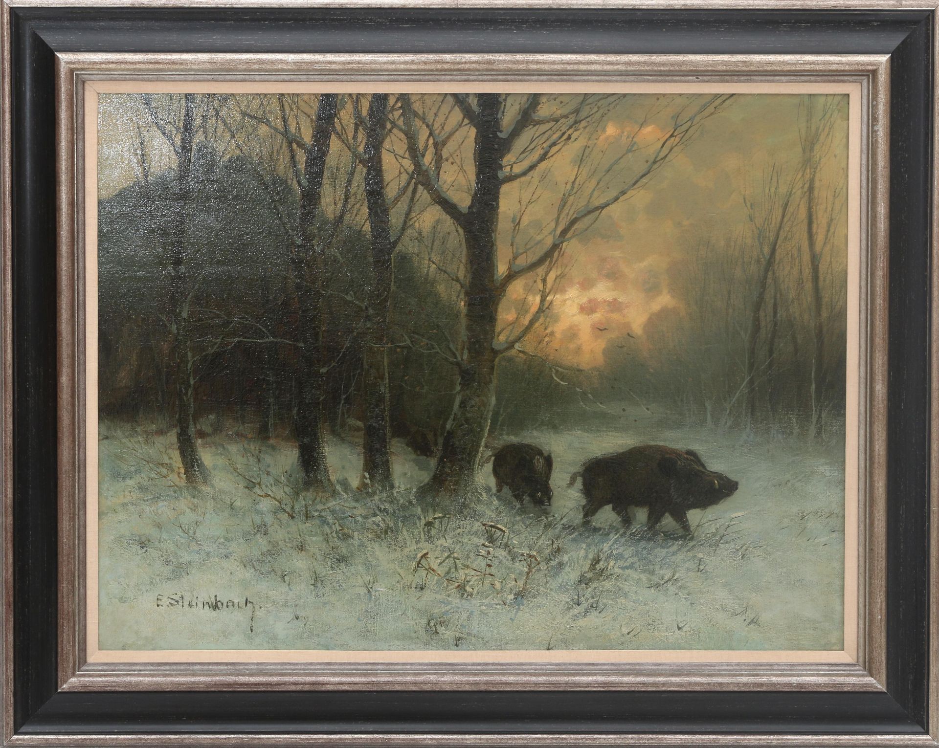 Eduard Steinbach (1878-1939) A winterlandscape with wild boars in a forest, signed l.l.. Olieverf op - Bild 2 aus 5