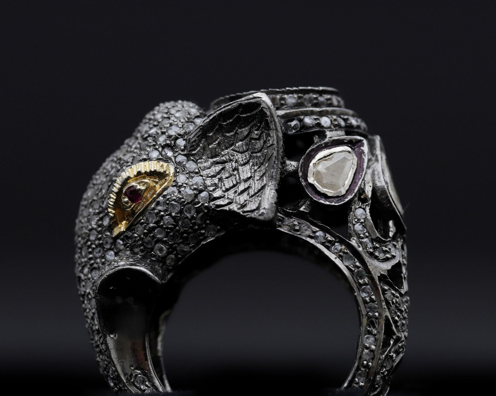 A 835 silver cocktail ring, completely designed in the shape of an elephant, completely pavé set all