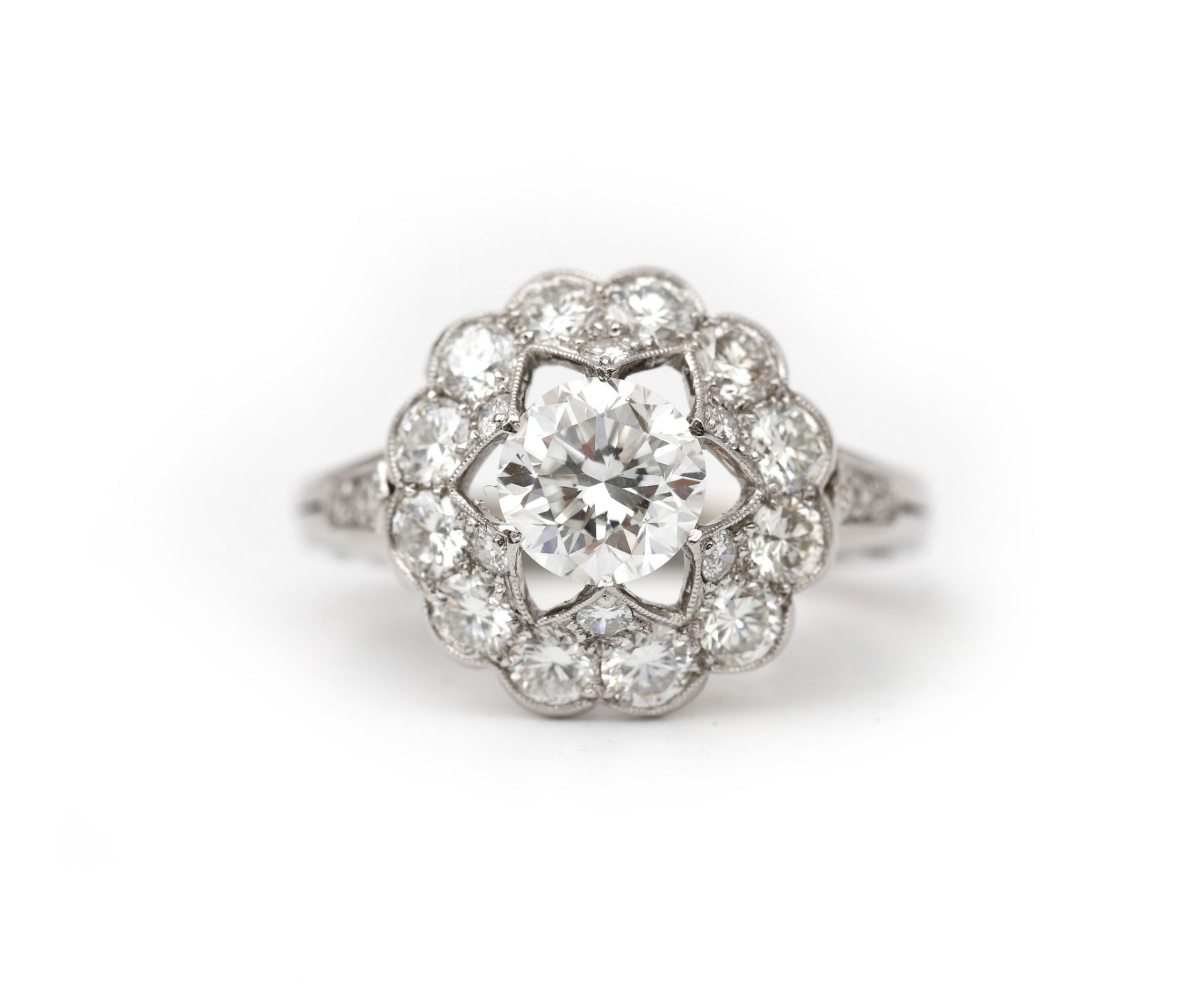 A 14 karat white gold with platinum rosette ring, set with diamonds, in total approx. 2.21ct. - Image 2 of 10