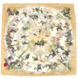 A Vintage silk scarf from Hermes, ocher yellow, green, beige and pink with horses