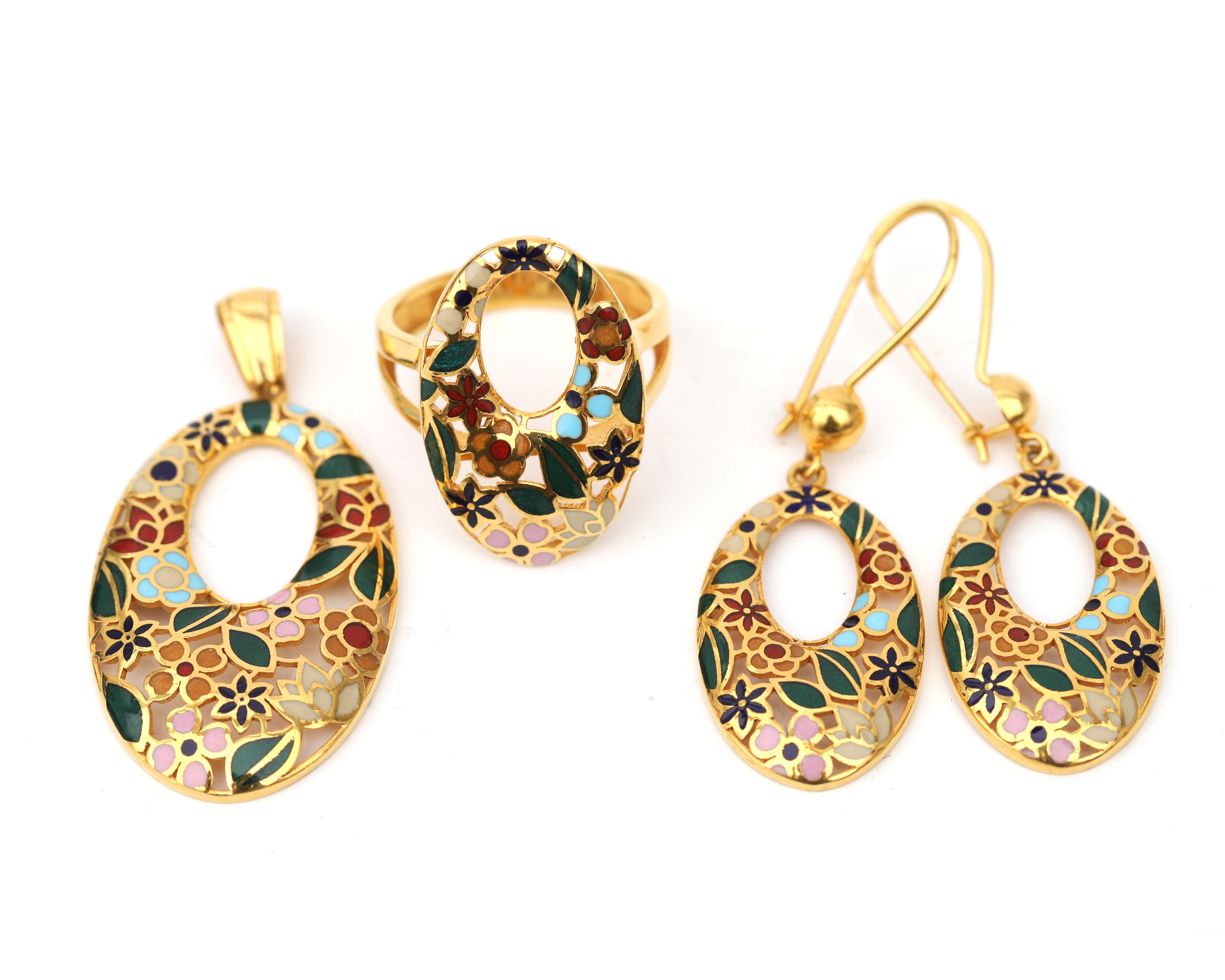 A 20 karat gold jewelery set with enamels - Image 2 of 6