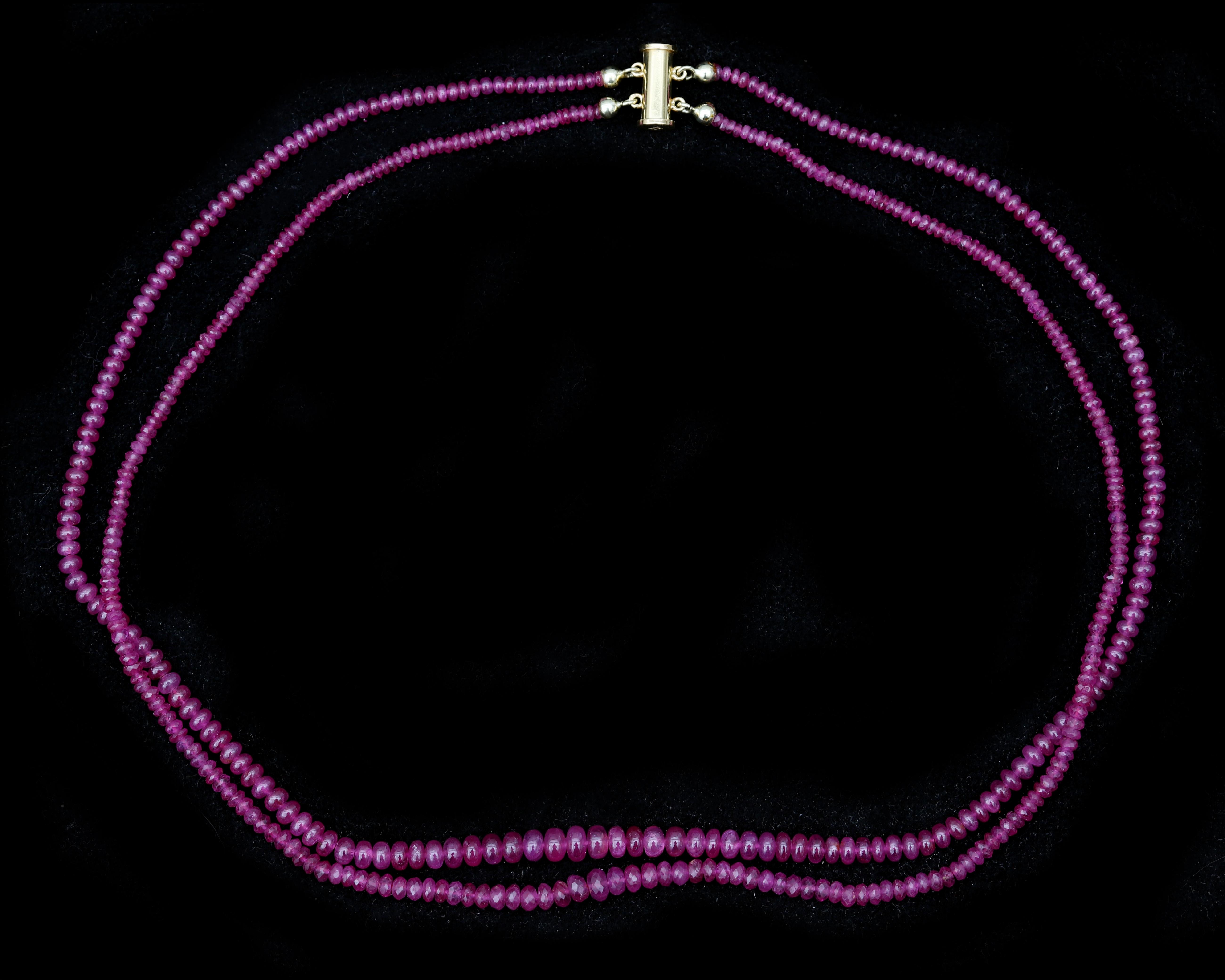 A double strung string of rubies on 18 karat gold magnetic lock