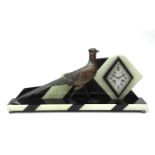 Art Deco A black and green stone mantle clock with stained metal figure of a pheasant, the dial of
