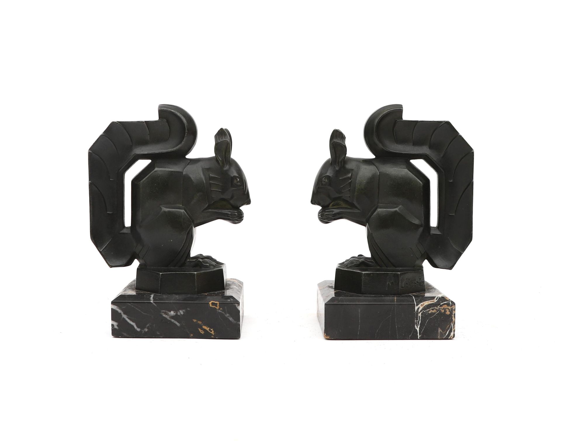 Max Le Verrier (1891-1973) A pair of bronzed metal bookends on black marble bases, both with moulded - Bild 2 aus 4