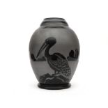 Paul Heller (1914-1995) A black glass vase with etched body and pattern of a pelican, produced by